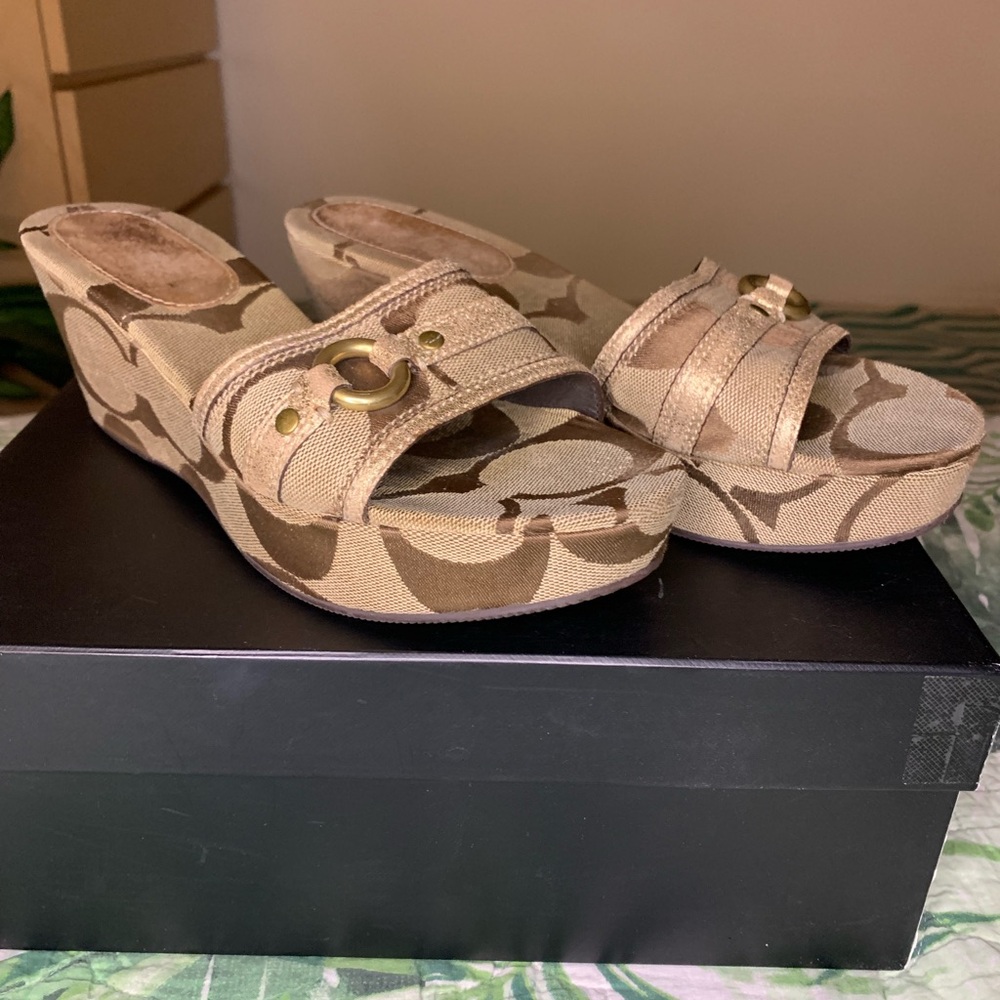 Coach Signature Canvas Tan Wedge Sandals with Gold Accent